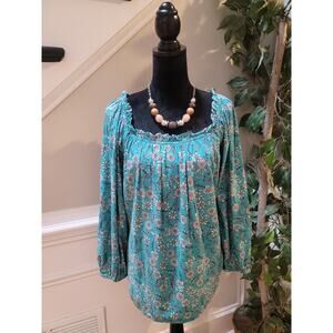 St. John’s Bay Floral Peasant Blouse Women’s 2X Blue Boho Long Sleeve Top